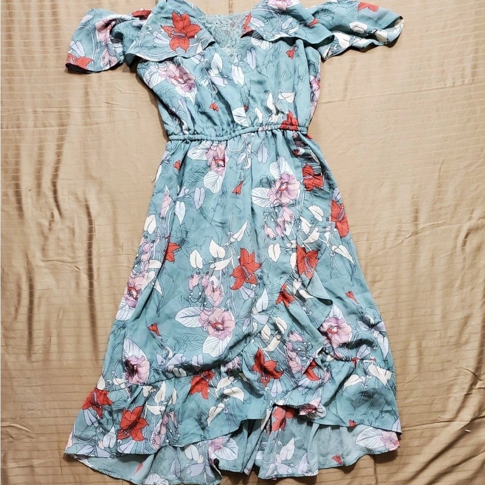 june & hudson Teal Floral Ruffle Mini Dress
